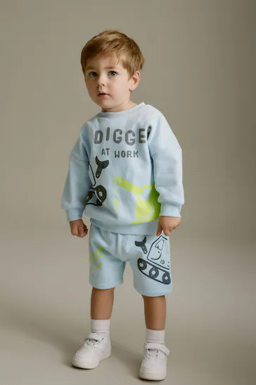 |Boy| Conjunto De Moletom E Short Em Jersey De Personagem De Colocação - Digger Azul Claro (3 meses - 7 anos)