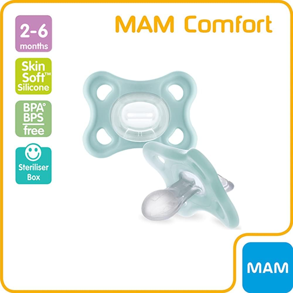 MAM Chupetas Comfort totalmente em silicone de 3 a 12 meses - tamanho 2 (pacote com 2), chupeta leve para bebês, itens essenciais para recém-nascidos com estojo autoesterilizante, cinza (os designs podem variar)