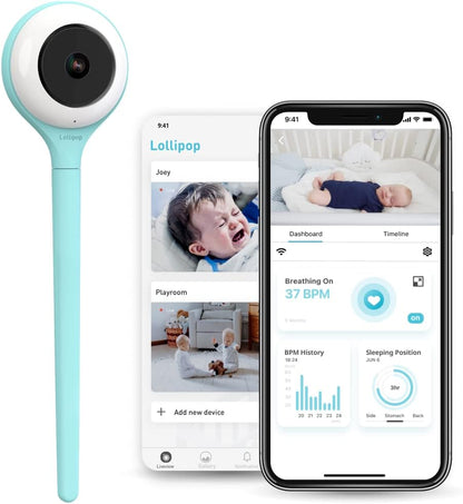 Lollipop Baby Monitor (turquesa) - Cámara Wi-Fi inteligente con funciones completas Detección de llanto real con plan adicional en la aplicación de monitoreo de respiración / Accesorios de seguimiento del sueño gratuitos / Período de prueba de 7 días