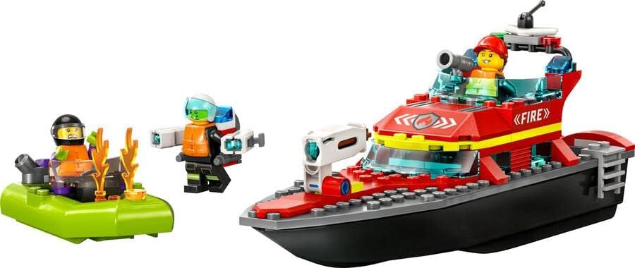 LEGO 60373 City Fire Rescue Boat Toy, flutua na água, com Jetpack, bote e 3 minifiguras, brinquedos de heróis do dia a dia para meninos e meninas com mais de 5 anos