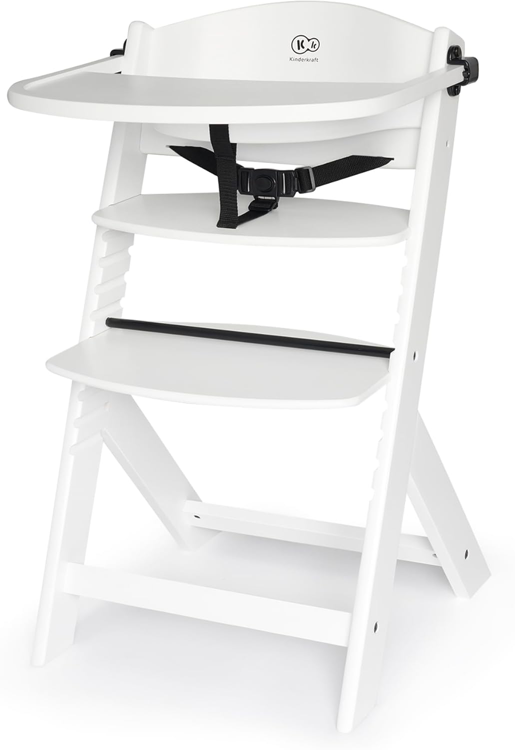 Kinderkraft NECK Trona 3 en 1 de Madera, Silla Bebé Multifuncional, Altura Regulable y Reposapiés, Cinturón de Seguridad, con Bandeja Extraíble, para Niños hasta 10 Años, Blanco