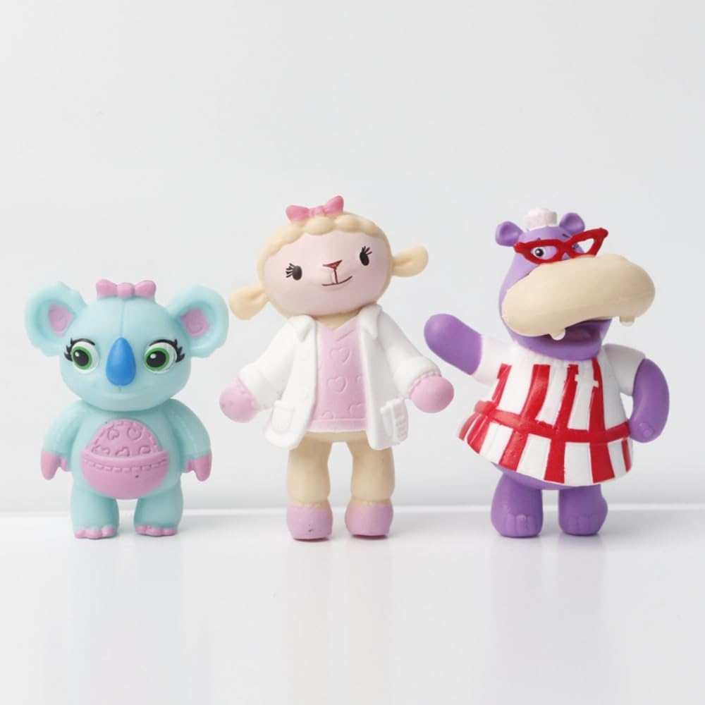 HOAME Pacote de 12 bonecas do hospital Doc McStuffins, boneco de ação para topo de bolo de aniversário (Lambie Cordeiro Peluche Dragão Boneco de Neve Gelado Hipopótamo Hallie)