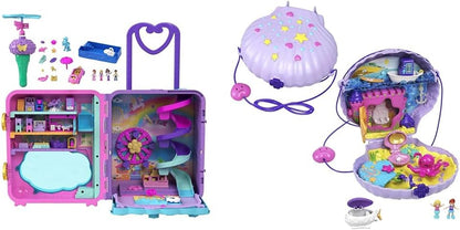 Polly Pocket Pollyville, Playset Resort Roll Away com Rodas Rolantes, 5 Áreas de Recreação e Micro, Playset Tiny Power Seashell Purse, Bolsa Purple Shell, Tema Sereia