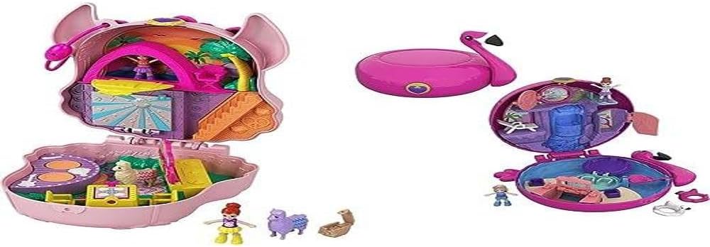 Polly Pocket Llama Music Party Compact com palco, pista de dança giratória, 4Y +, GKJ50 e Pocket World Flamingo Floatie Compact com surpresa revela, micro bonecos e acessórios