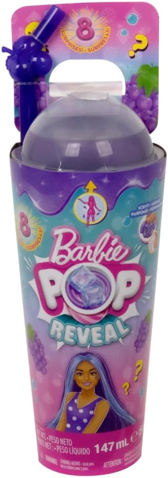 Barbie Boneca Pop Reveal Fruit Series, tema Grape Fizz com 8 surpresas, incluindo animais de estimação e acessórios, lodo, perfume e mudança de cor, HNW44