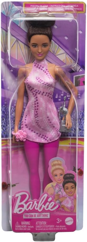 Muñeca Barbie Careers Fashion y accesorios, morena con traje de patinaje rosa extraíble con patines de hielo y trofeo, HRG37