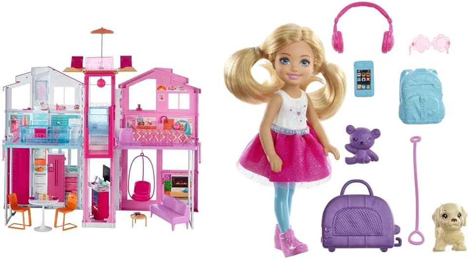 Barbie Casa de bonecas de 3 andares com elevador, cadeira de balanço, móveis e acessórios, dobrável para portabilidade e viagem, DLY32