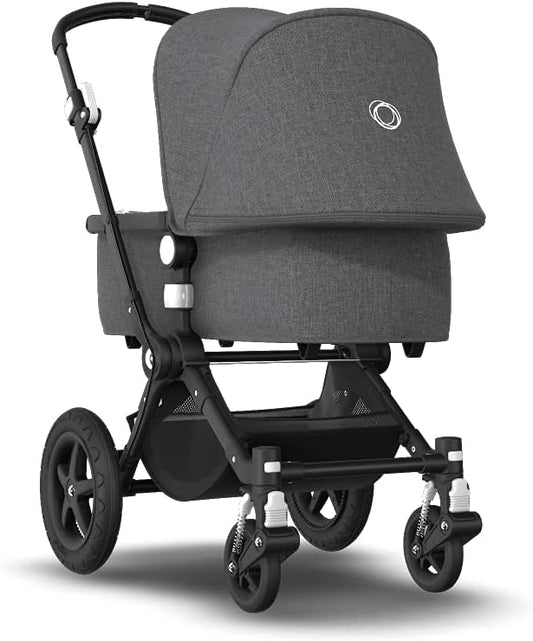 Bugaboo Cameleon 3 Plus: carrinho de passeio versátil 2 em 1 com guidão giratório para um passeio confortável, alcofa de 0 a 4 anos, chassi preto e capota de sol cinza mosqueada