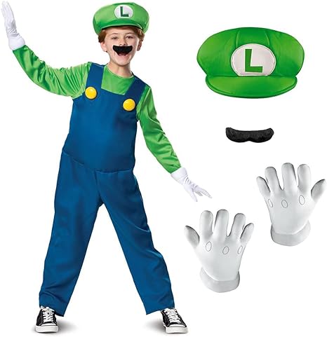 DISGUISE Fantasias oficiais de Super Mario Luigi de luxo para crianças, fantasias de Halloween para crianças disponíveis nos tamanhos S, M e L