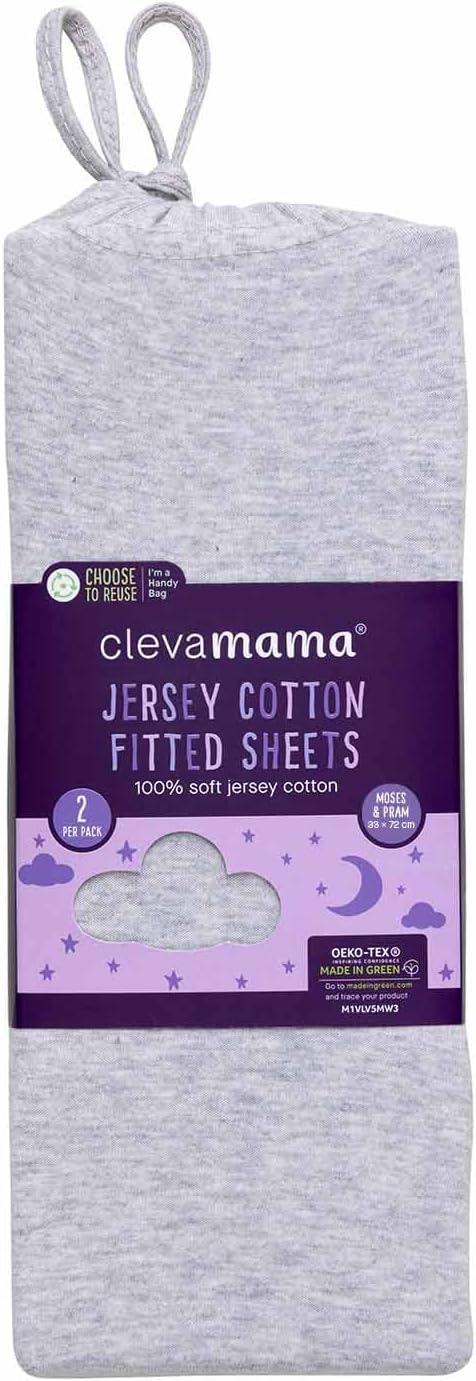 Clevamama Moses&amp;Prem Sábana bajera ajustable de algodón Jersey 33x72x9cm - Gris Melange (paquete de 2)