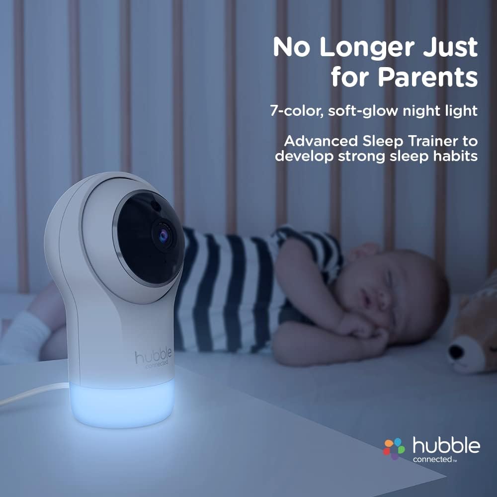 Hubble Connected Câmera infantil Nursery Pal Glow Smart HD para bebês com luz noturna de 7 cores, sensor de temperatura ambiente, zoom panorâmico e inclinação remoto, conversa bidirecional, visão noturna, câmera WiFi para bebês com