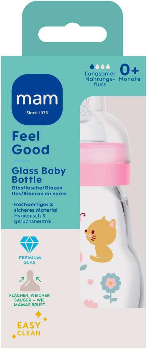 MAM Feel Good Biberones de Vidrio Pack de 2 (170 ml y 260 ml), con 1 Tetina de Flujo Lento para Recién Nacido, Rosa