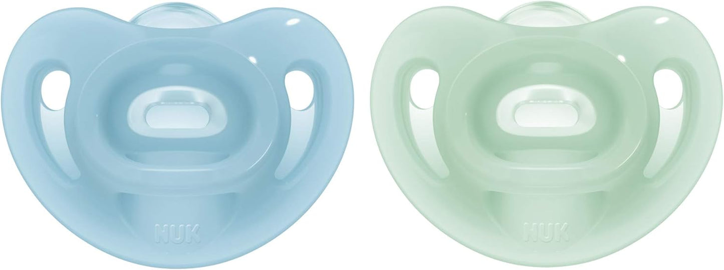 NUK Chupetas sensíveis, 0-6 meses, 100% silicone para pele delicada, sem BPA, azul e verde, pacote com 2