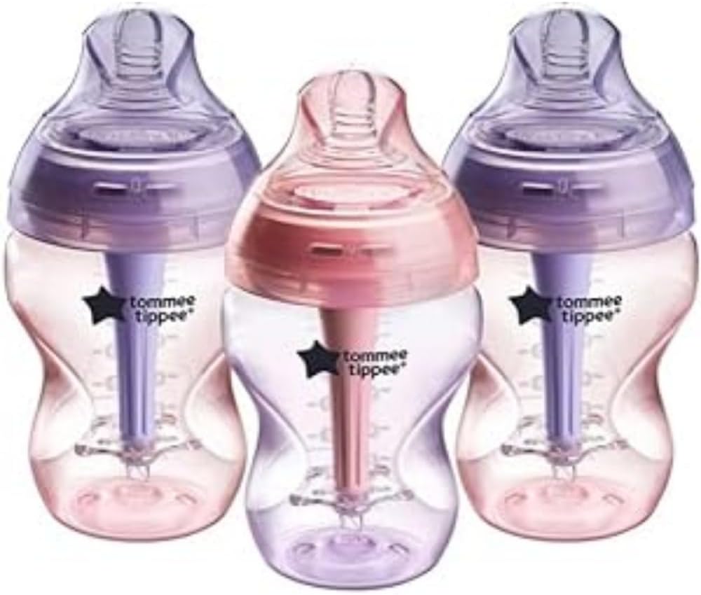 Tommee Tippee  Mamadeira Advanced Anti-Cólica, 260 ml, bico tipo peito de fluxo lento para uma pega natural, varinha anti-cólica com três saídas, pacote com 3, roxo/rosa