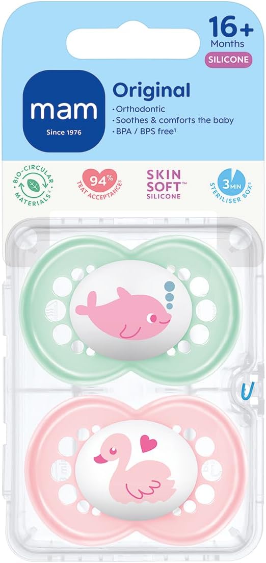 MAM Chupetas originais para mais de 16 meses (pacote com 2), chupetas para bebês com estojo de viagem autoesterilizante, itens essenciais para recém-nascidos, rosa/roxo (os designs podem variar)