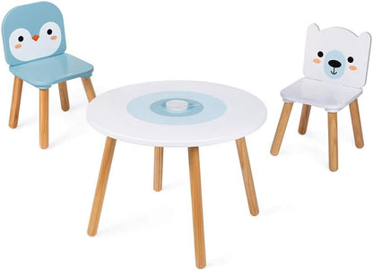 Janod - Mesa e 2 Cadeiras de Madeira para Bloco de Gelo - Mesa Infantil Redonda com Porta Lápis Removível - 1 Cadeira Urso Polar e 1 Cadeira Pinguim - Ideal para Crianças a partir de 3 Anos