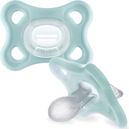 MAM Chupetas Comfort totalmente em silicone de 3 a 12 meses - tamanho 2 (pacote com 2), chupeta leve para bebês, itens essenciais para recém-nascidos com estojo autoesterilizante, cinza (os designs podem variar)