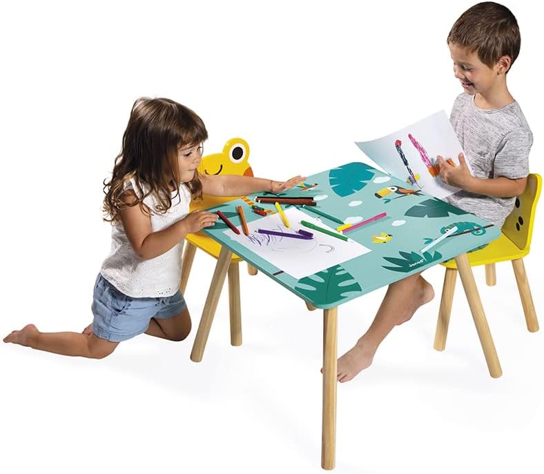 Janod - Mesa e 2 Cadeiras de Madeira Tropik - Móveis Infantis - Mesa: 21,7" x 21,7" / 55 x 55 cm - 1 Cadeira Sapo e 1 Onça - Tintas à Base de Água - 3 Anos +