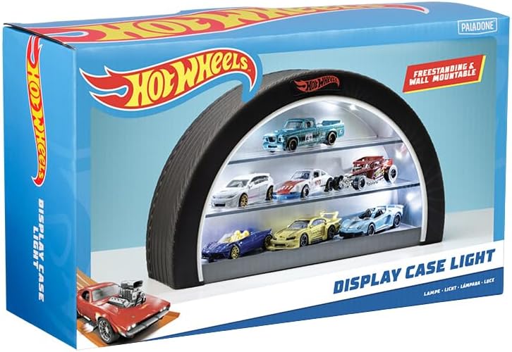 Hot Wheels Luz para vitrine - Mercadoria oficialmente licenciada da Mattel, capa iluminada para 8 carros, parede em formato de roda mutável ou independente, presente para colecionadores