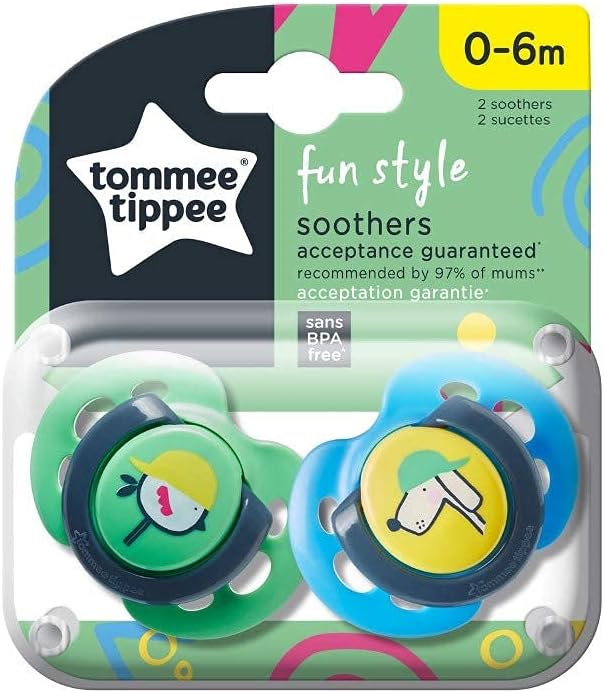 Tommee Tippee Manequins Fun Style, design ortodôntico simétrico, silicone sem BPA, 0-6m, pacote de 2 manequins, as cores podem variar