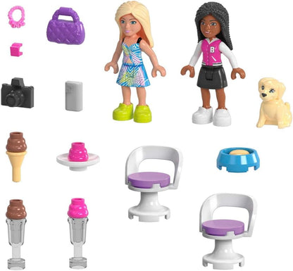 MEGA Barbie Car Building Toys Playset, Conversível e Suporte para Sorvete com 225 Peças, 2 Micro-Bonecas e Acessórios, Rosa, Ideias para Presentes para Crianças, HPN78