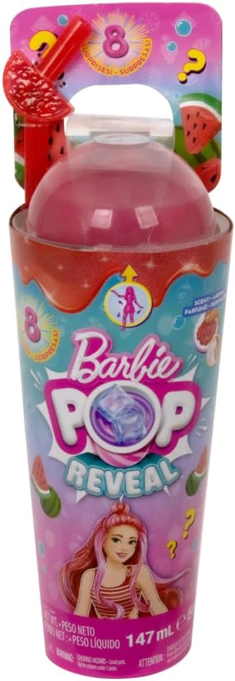 Muñeca Barbie Pop Reveal Fruit Series, tema Sandía Crush con 8 sorpresas que incluyen mascotas y accesorios, limo, perfume y cambio de color, HNW43