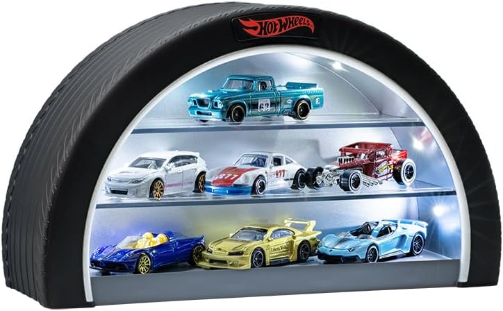 Hot Wheels Luz para vitrine - Mercadoria oficialmente licenciada da Mattel, capa iluminada para 8 carros, parede em formato de roda mutável ou independente, presente para colecionadores