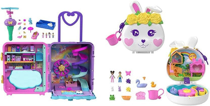 Polly Pocket Pollyville, Playset Resort Roll Away com rodas giratórias, 5 áreas de recreação e bonecos e playset, brinquedos para animais, coelhinho de jardim de flores compacto com brincadeira aquática