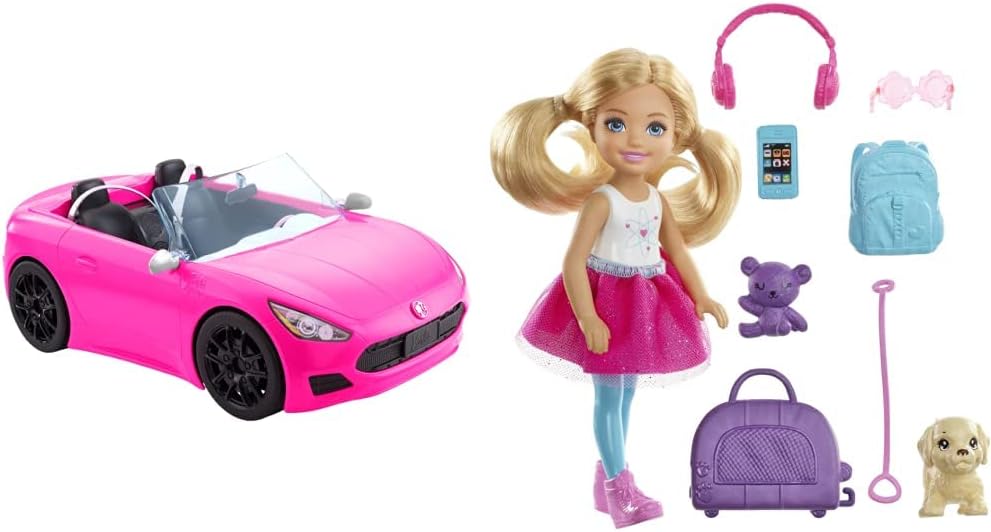 Barbie Veículo conversível de 2 lugares, carro rosa com rodas giratórias e detalhes realistas e boneca e acessórios, conjunto de viagem “Malibu”