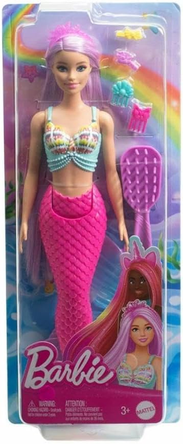 Barbie Boneca sereia com cabelo de fantasia rosa de 7 polegadas de comprimento e acessórios coloridos para brincadeiras de estilo, como faixa de cabeça e presilhas, HRR00