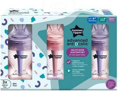 Tommee Tippee  Mamadeira Advanced Anti-Cólica, 260 ml, bico tipo peito de fluxo lento para uma pega natural, varinha anti-cólica com três saídas, pacote com 3, roxo/rosa