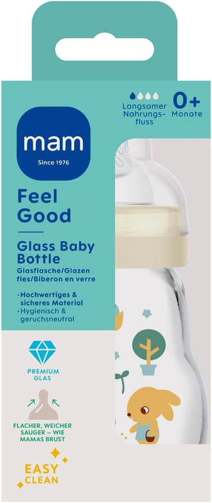 MAM Pacote de mamadeiras de vidro Feel Good com 2 (170 ml e 260 ml), com tetina 1 fluxo lento para recém-nascidos, unissex