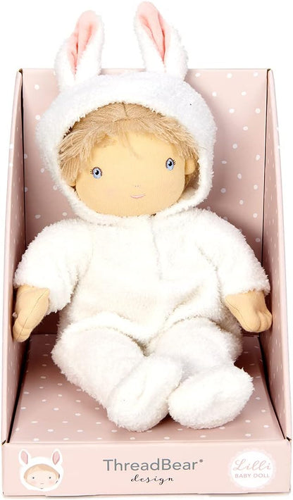 ThreadBear Design Boneca Baby Lilli em macacão de coelhinho branco - boneca macia para crianças