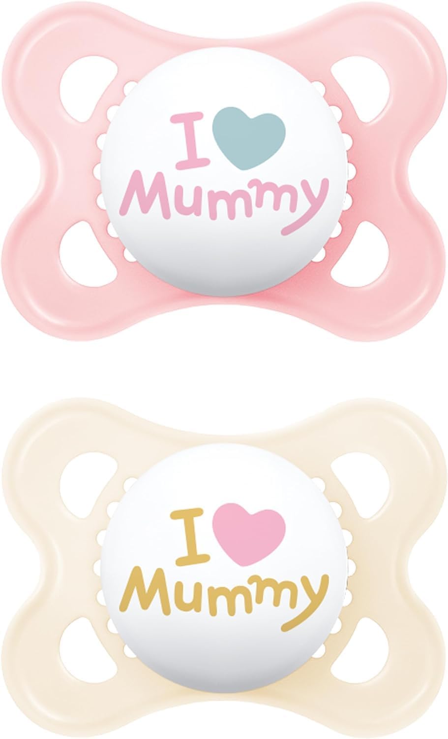 MAM Original 2-6 meses (pacote de 2), chupetas para bebês com estojo de viagem autoesterilizante, itens essenciais para recém-nascidos, rosa, I Love Mummy (os designs podem variar)