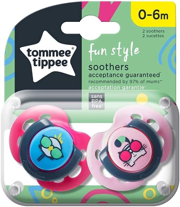 Tommee Tippee Manequins Fun Style, design ortodôntico simétrico, silicone sem BPA, 0-6m, pacote de 2 manequins, as cores podem variar