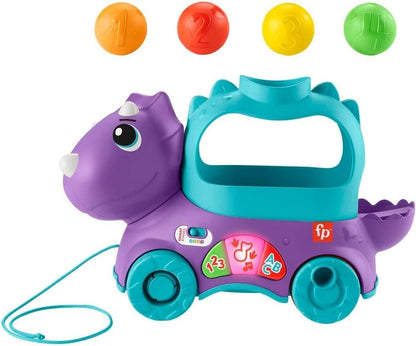 Fisher-Price de aprendizagem infantil e infantil, brinquedo de puxar bola de dinossauro com estágios inteligentes, versão em inglês do Reino Unido, Triceratops Poppin, HNR50