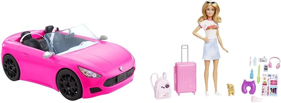 Barbie Veículo conversível de 2 lugares, carro rosa com rodas giratórias e detalhes realistas e boneca e acessórios, conjunto de viagem “Malibu”