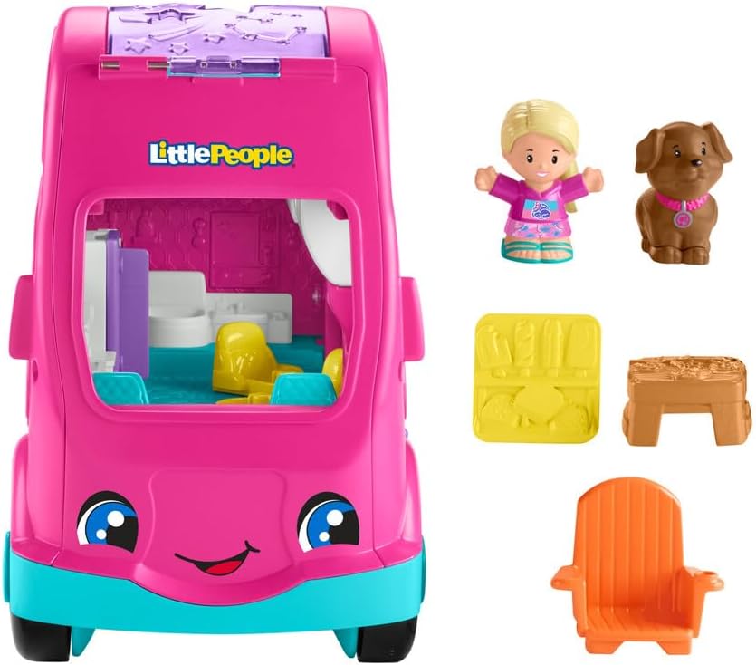 Fisher-Price Brinquedo infantil Little People Barbie Little Dreamcamper RV Playset com luzes musicais e 2 figuras para maiores de 18 meses, versão multilíngue, HYR86