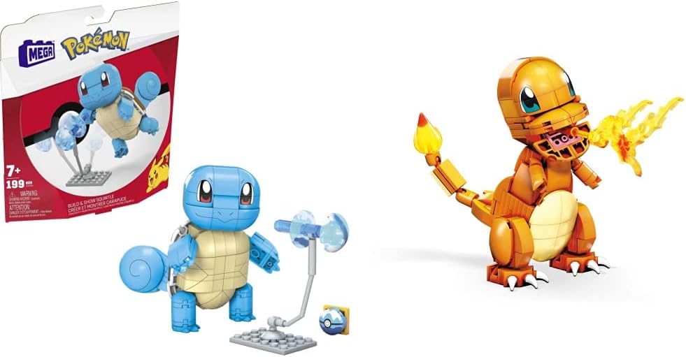 MEGA Conjunto de construção de brinquedo Pokémon Build & Show Squirtle e Pokémon Build & Show Charmander, 4 polegadas de altura, articulável, 185 tijolos e peças, para meninos e meninas, de 7 anos ou mais - GKY96