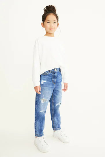 |Girl| Mom Jeans - Mid Blue Denim Distressed (3-16 anos)