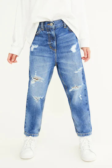 |Girl| Mom Jeans - Mid Blue Denim Distressed (3-16 anos)