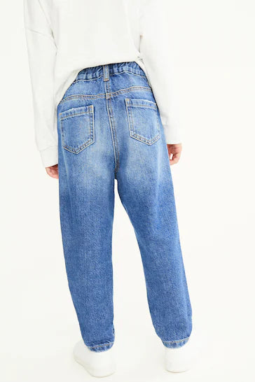 |Girl| Mom Jeans - Mid Blue Denim Distressed (3-16 anos)