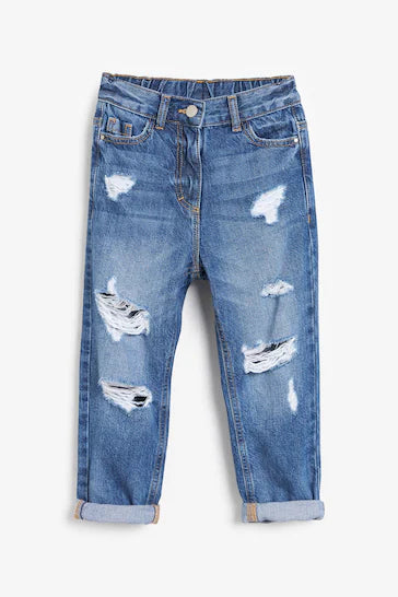 |Girl| Mom Jeans - Mid Blue Denim Distressed (3-16 anos)