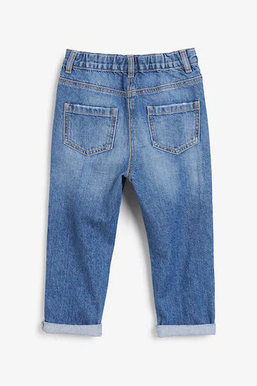 |Girl| Mom Jeans - Mid Blue Denim Distressed (3-16 anos)