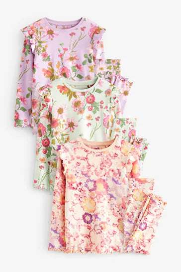 |Niña| Pack de 3 pijamas florales - Amarillo/Morado/Verde (9 meses a 16 años)