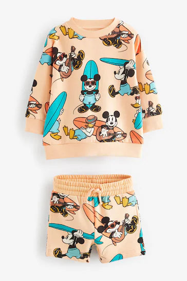 |Niño| Conjunto de sudadera y pantalones cortos de punto de surf Mickey en naranja/melocotón (de 3 meses a 8 años)