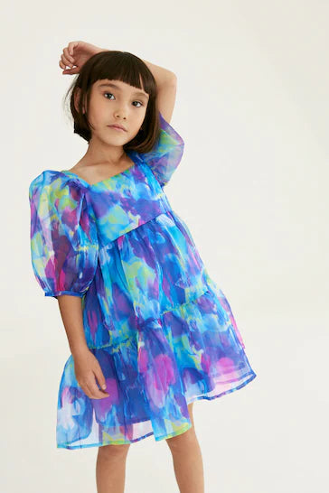 |Girl| Vestido De Organza Em Camadas - Blue (3 a 16 anos)