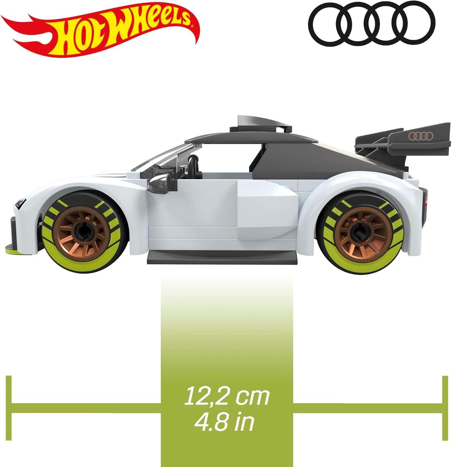 Conjunto de carro de corrida de brinquedo de construção MEGA Hot Wheels, Audi R8 LMS GT2 com 73 peças, 1 micro figura de ação motorista, branco, ideias de presentes para crianças de 5 anos ou mais, HKF93