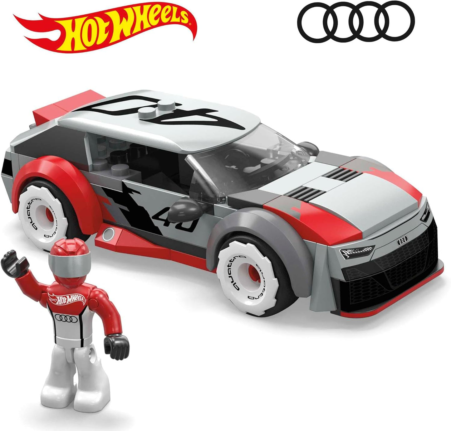 MEGA Hot Wheels Building Toy Race Car Playset, Audi RS 6 GTO Concept com 77 peças, 1 micro boneco de acção, cinzento, crianças com mais de 5 anos