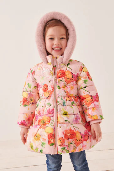 |Girl| Casaco Acolchoado Com Saia Estampada Floral Rosa Resistente Ao Chuveiro (12 meses a 7 anos)